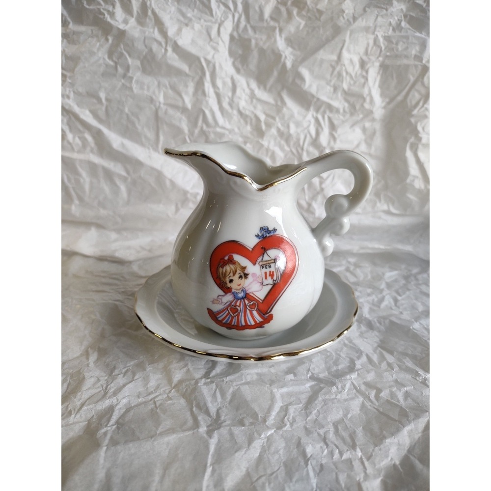 Vintage Lefton Valentine's Day Small Pitcher Girl with Feb. 14 Calendar #8107